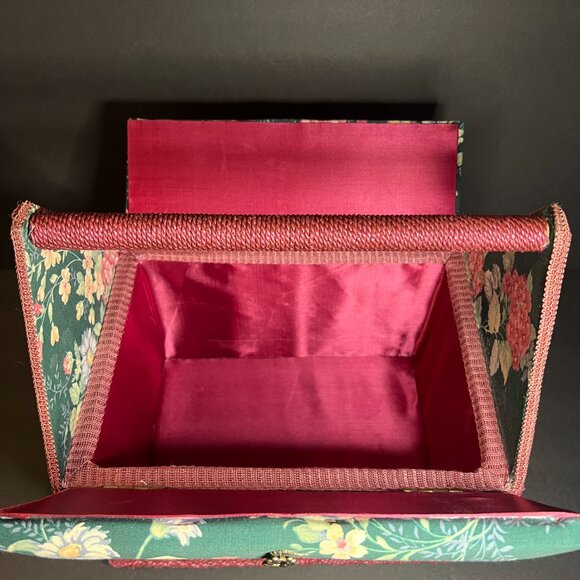 Vintage Burgundy & Green Floral Print Double Door Hinge Sewing Box w/ Handle - Picture 8 of 9